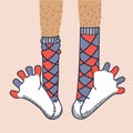 Socks on man legs. Vector hand drawn line style illustration. Cartoons legs with fun colors socks