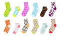 Socks mockup. Realistic colored templates of foot wear, long and short cotton socks product design, clothes with bright