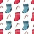 holiday seamless pattern with cartoon socks. Colorful illustration flat for kids. hand drawing.