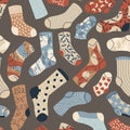 Socks pattern. Seamless print of cute knitted socks for kids, cute cartoon socks for women and men. Vector colorful