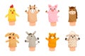 Socks puppets. Dolls for children theatre. Educational game with cute farm animal on hand, vector characters cat, pig Royalty Free Stock Photo