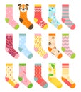 Socks vector illustration set, cartoon flat collection of colorful clothing items with different pattern, cotton and Royalty Free Stock Photo