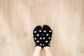 Socks White Color Dot in Black Pattern Top View. Portrait of Beautiful Young Woman Wearing Black Polka Dot Socks on Wooden Floor B