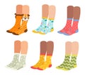 Socks on woman legs vector illustration set, cartoon flat collection of girl underwear accessories, sock pair with Royalty Free Stock Photo