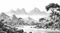 Socotra Yemen illustration in black and white pencil sketch - made with Generative AI tools