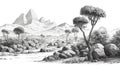 Socotra Yemen illustration in black and white pencil sketch - made with Generative AI tools