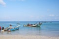 Socotra, Yemen, March 9, 2015 Rural fishermen on the beach in boats preparing for fishing. Royalty Free Stock Photo