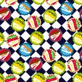 Soda bottle caps pattern vector on blue and white checkered background. Royalty Free Stock Photo