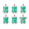 Soda bottle cartoon character with various angry expressions