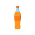 Soda bottle. Orange soda with beverage. Plastic or glass bottle with soda, water and juice. Flat cartoon icon for drink. Orange