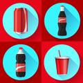 Soda bottle set with red lable flat vector icon set