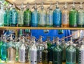 Soda bottles Antique Siphons bottles Glass at San Telmo flea market in Buenos Aires, Argentina. Royalty Free Stock Photo