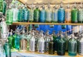 Soda bottles Antique Siphons bottles Glass at San Telmo flea market in Buenos Aires, Argentina. Royalty Free Stock Photo