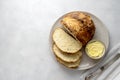 Soda bread, traditional fast, homemade irish bread with butter, top view, copy space