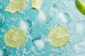 Soda bubbles with ice cubes and lime wedges Royalty Free Stock Photo