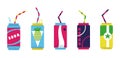 Soda cans. Cartoon fizzy sweet summer drinks in metal bottles with plastic straws. Fruit juice carbonated water set