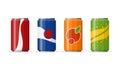 Soda in colored aluminum cans set icons isolated on white background. Soft drinks sign. Carbonated non-alcoholic water
