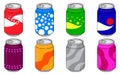 Soda in colored aluminum cans set icons isolated on white background. Soft drinks sign. Carbonated non-alcoholic water with Royalty Free Stock Photo