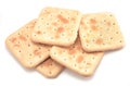 Soda cracker stack closeup, large detailed isolated square crisp whole grain saltine crackers macro closeup, military field ration