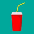 Soda cup fresh sweet red flat container cartoon drink. Unhealthy fastfood vector icon beverage. Paper fizzy takeaway