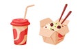 Soda in Cup with Straw and Carton Box with Rice and Chopsticks as Fast Food Vector Set