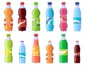 Soda drink bottles. Soft drinks in plastic bottle, sparkling soda and juice drink. Fizzy beverages isolated vector