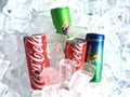 Soda pop soft drink slim cans on ice background.