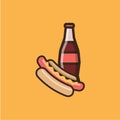 Soda soft drink in a glass bottle and hot dog Royalty Free Stock Photo