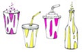 Stylish, bright, summer set of cups and bottles, drawn with markers and liner, images isolated on a white background. Royalty Free Stock Photo