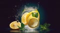 Soda water with lemon slices or citrus fruit and mint herbs infused sassi water for detox or dieting, mixed digital illustration