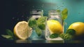 Soda water with lemon slices or citrus fruit and mint herbs infused sassi water for detox or dieting, mixed digital illustration