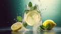 Soda water with lemon slices or citrus fruit and mint herbs infused sassi water for detox or dieting, mixed digital illustration