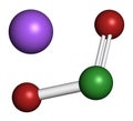 Sodium chlorite, chemical structure. 3D rendering. Atoms are represented as spheres with conventional color coding: chlorine (