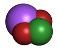 Sodium chlorite, chemical structure. 3D rendering. Atoms are represented as spheres with conventional color coding: chlorine (