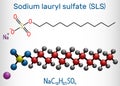 Sodium dodecyl sulfate SDS, sodium lauryl sulfate SLS molecule. It is an anionic surfactant used in cleaning and hygiene Royalty Free Stock Photo