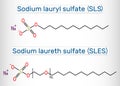 Sodium dodecyl sulfate SDS, sodium lauryl sulfate SLS, sodium laureth sulfate SLES molecule. It is an anionic surfactant