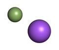 Sodium fluoride, chemical structure. 3D rendering. Atoms are represented as spheres with conventional color coding: sodium (blue