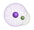 Sodium fluoride, chemical structure. 3D rendering. Atoms are represented as spheres with conventional color coding: sodium (blue