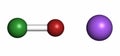 Sodium hypochlorite (NaOCl) molecule. Aqueous solution is known as (liquid) bleach. Atoms are represented as spheres with