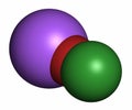 Sodium hypochlorite (NaOCl) molecule. Aqueous solution is known as (liquid) bleach. 3D rendering. Atoms are represented as spheres