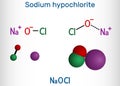 Sodium hypochlorite, NaOCl molecule. It contains a sodium cation and a hypochlorite anion. It is used as a liquid bleach and