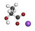 Sodium lactate, chemical structure. 3D rendering. Atoms are represented as spheres with conventional color coding: hydrogen (white