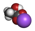 Sodium lactate, chemical structure. 3D rendering. Atoms are represented as spheres with conventional color coding: hydrogen (white