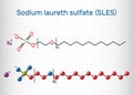 Sodium laureth sulfate SLES molecule. It is an anionic surfactant used in cleaning and hygiene products. Structural chemical