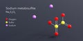 sodium metabisulfite molecule 3d rendering, flat molecular structure with chemical formula and atoms color coding