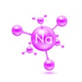 Sodium minerals in the form of atoms molecules purple glossy. Icon 3D isolated on white background. Minerals vitamins complex.