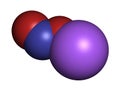 Sodium nitrite, chemical structure. Used as drug, food additive (E250), etc. 3D rendering. Atoms are represented as spheres with