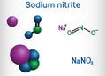 Sodium nitrite, NaNO2 molecule. It is used as a food preservative and antidote to cyanide poisoning. Structural chemical formula