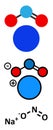 Sodium nitrite NaNO2. Nitrite salts are used in the curing of meat. Stylized 2D renderings and conventional skeletal formula.