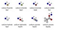 Sodium salts (set 2): Sodium fluoride, chloride, bromide, iodide, hydride, hydroxide, cyanide, acetate Royalty Free Stock Photo